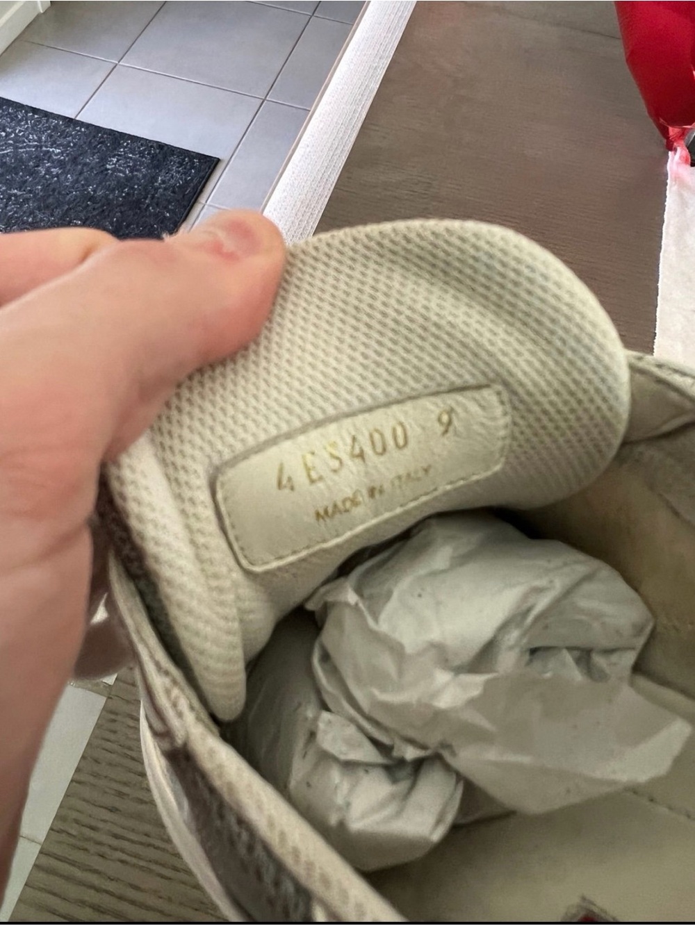 Prada White & Gray Men’s Low-Top Sneakers with Red Logo Tab - Picture 6 of 7